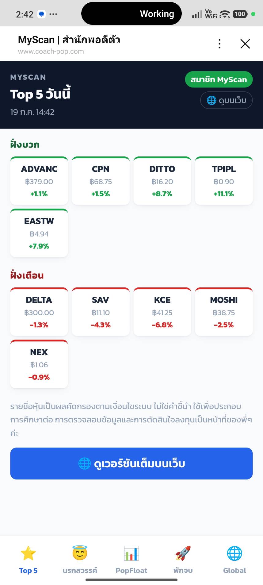 MyScan Mini App บน LINE แสดง Top 5 ฝั่งบวกและฝั่งเตือน
